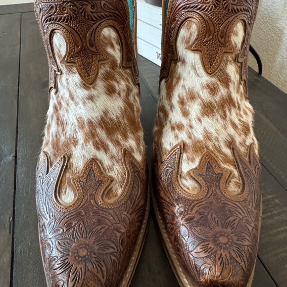 Myra Bag Brown and White Cowhide Tooled Leather Ankle Booties - Picture 2 of 5